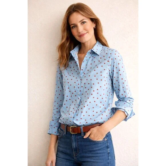 Boden Sienna Shirt 10 US Blue Red Polka Dot Button Up Cotton Classic Long Sleeve - Picture 1 of 13